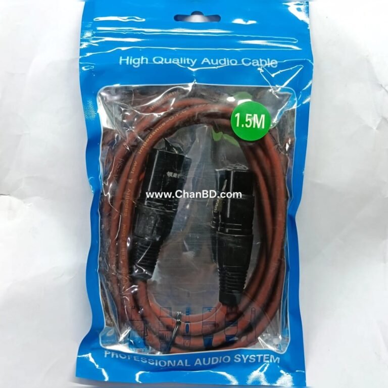 A 1.5-meter XLR male-to-female audio cord features 3-pin connections, copper shielding, and a flexible PVC jacket, typically packaged in a simple polybag or small retail box for microphones and mixers.