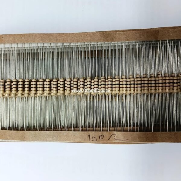 A 1/2-Watt (0.5W) 100-ohm metal oxide film resistor is an axial through-hole electronic component. It limits current or drops voltage in circuits, featuring excellent temperature stability, surge tolerance, and a flame-retardant coating. These resistors are commonly used in power supplies, analog circuits, and LED projects.