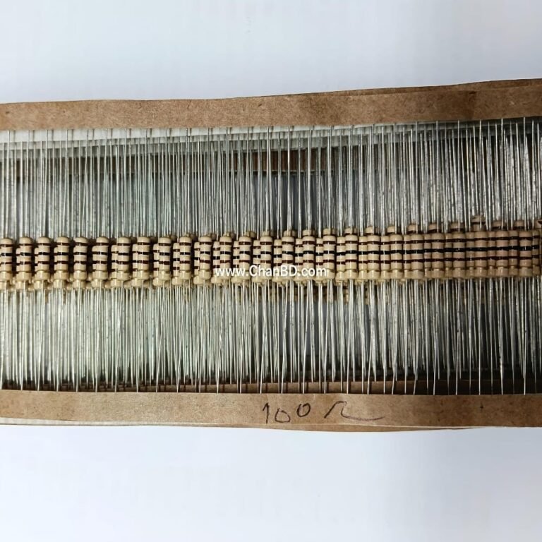 A 1/2-Watt (0.5W) 100-ohm metal oxide film resistor is an axial through-hole electronic component. It limits current or drops voltage in circuits, featuring excellent temperature stability, surge tolerance, and a flame-retardant coating. These resistors are commonly used in power supplies, analog circuits, and LED projects.