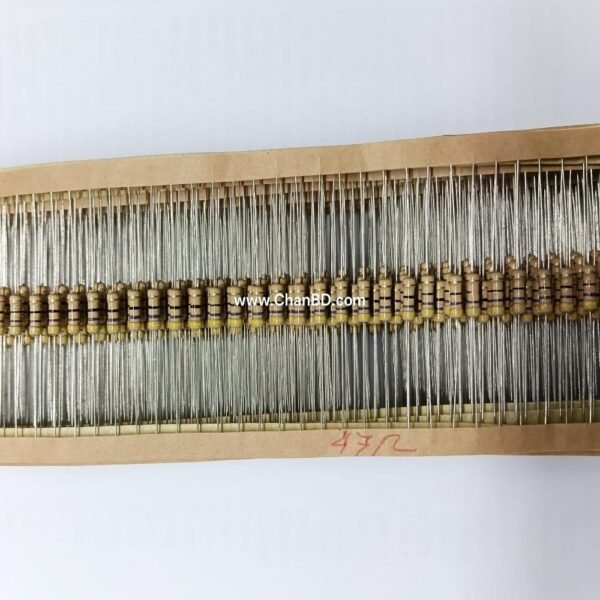A 1/2W 47 Ω metal oxide film resistor is a highly reliable, flameproof through-hole component. It handles power up to 0.5 watts, operates safely at high temperatures (up to 155°C), and is ideal for circuits requiring high stability and low electrical noise.