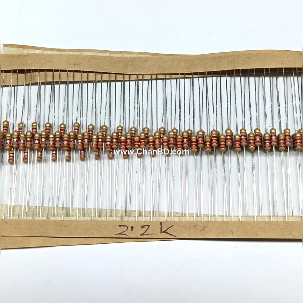 A 2.2k ohm (2.2kΩ) resistor rated for 1/4 watt (0.25W) is a common, general-purpose, through-hole electronic component used to limit current and divide voltages. It typically features a ± 5% tolerance and is constructed from carbon film, making it ideal for breadboards and printed circuit boards (PCBs).