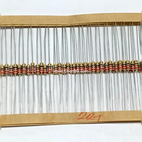 A 1/4 watt 22-ohm resistor is a standard passive component used to limit current and divide voltage in electronic circuits. It safely handles up to 0.25W of power and features a color code of Red, Red, Black, Gold, and Brown.