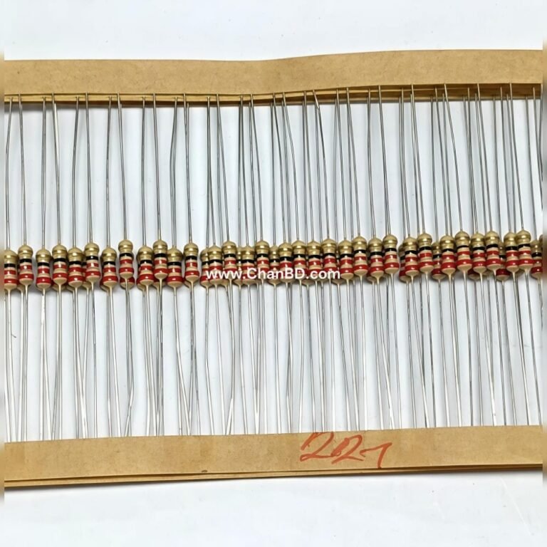 A 1/4 watt 22-ohm resistor is a standard passive component used to limit current and divide voltage in electronic circuits. It safely handles up to 0.25W of power and features a color code of Red, Red, Black, Gold, and Brown.