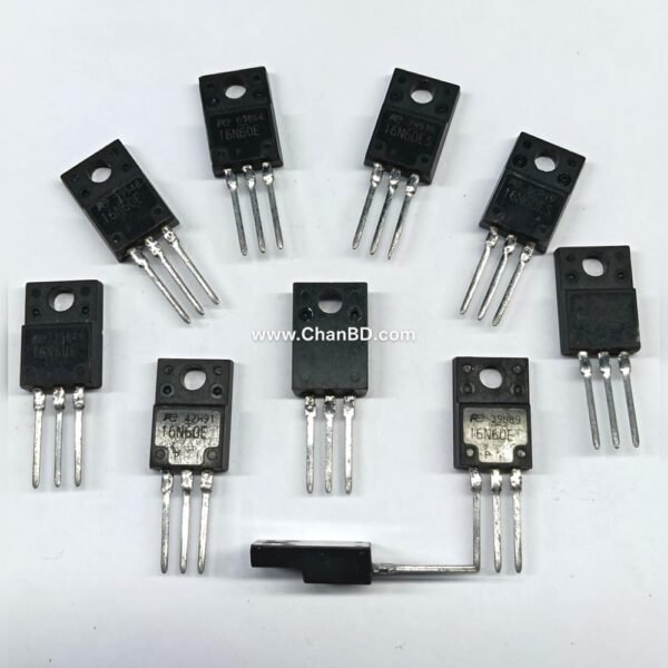 The 16N60E is an N-channel power MOSFET designed for high-voltage and high-current switching. It is primarily used in power supplies and motor controls. Key specifications include a 600V drain-source voltage and a 16A continuous drain current, with typical variants housed in a TO-220 package.