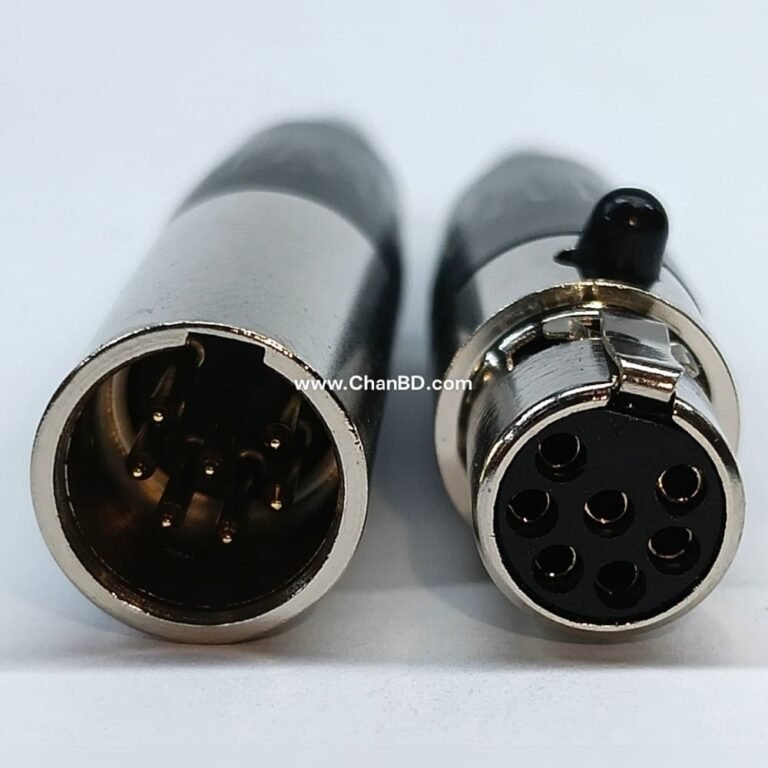A 7-pin mini XLR connector (male and female) is a miniature, multi-pin circular connector typically used in professional audio, high-end tube microphones, and industrial communications. These connectors feature a compact ~9.5mm barrel diameter, a push-to-lock latching mechanism, and solder-cup pins to accommodate small-gauge wires (usually 28 AWG).