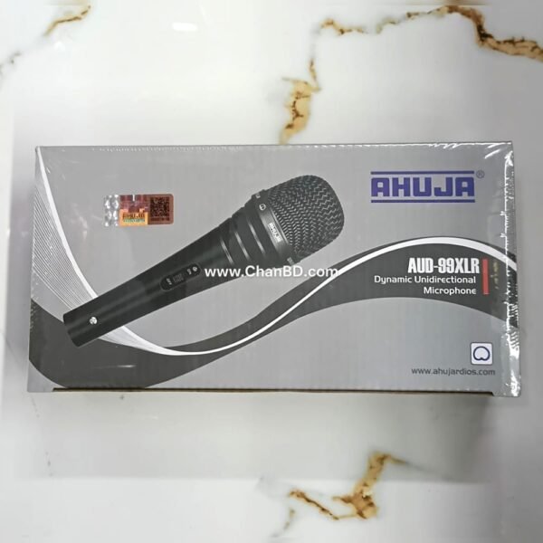 The Ahuja AUD-98XLR is a professional unidirectional dynamic corded microphone widely used for public address (PA) applications, vocals, and speech. It features a high-output neodymium cartridge, an on/off switch, a rugged steel mesh grille, and connects via a 3-pin professional XLR cable.