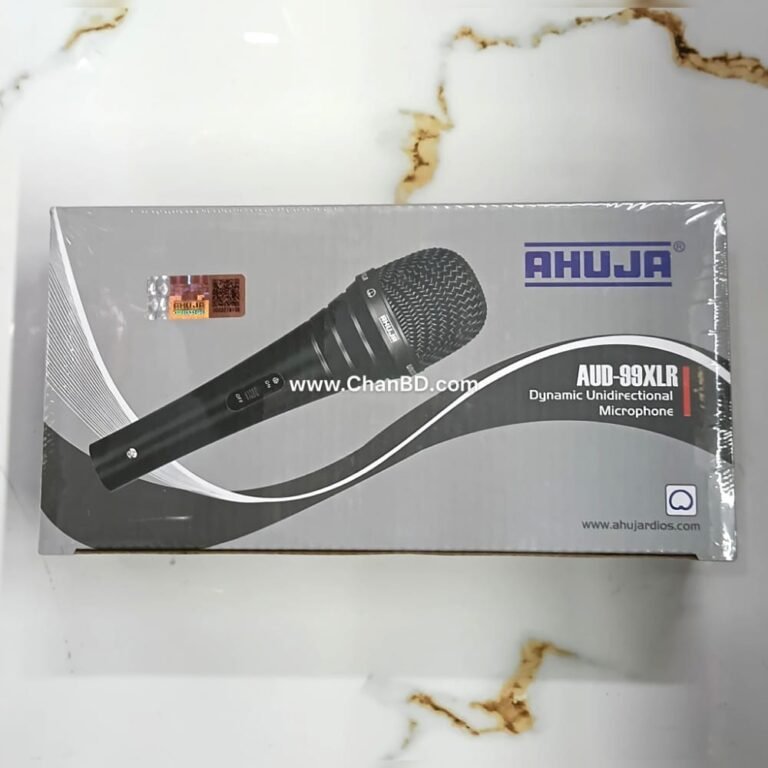 The Ahuja AUD-98XLR is a professional unidirectional dynamic corded microphone widely used for public address (PA) applications, vocals, and speech. It features a high-output neodymium cartridge, an on/off switch, a rugged steel mesh grille, and connects via a 3-pin professional XLR cable.