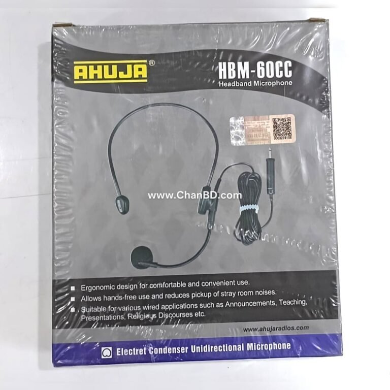 The AHUJA HBM-60CC is a professional, wired electret condenser headband microphone. It features a cardioid polar pattern