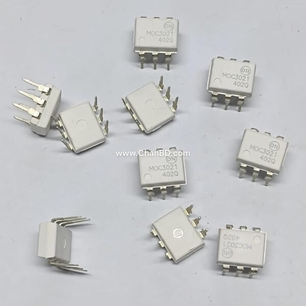 The MOC3021 is a 6-pin random-phase phototriac optocoupler. It safely isolates low-voltage DC control circuits (like microcontrollers) from high-voltage AC lines (up to 400V), commonly serving as a driver to trigger larger power TRIACs in AC dimmers, motor speed controllers, and solid-state relays.