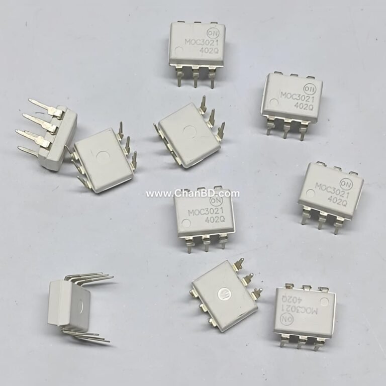The MOC3021 is a 6-pin random-phase phototriac optocoupler. It safely isolates low-voltage DC control circuits (like microcontrollers) from high-voltage AC lines (up to 400V), commonly serving as a driver to trigger larger power TRIACs in AC dimmers, motor speed controllers, and solid-state relays.