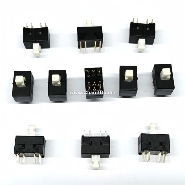 The 12-pin, 4-row, 8.5x8.5mm self-locking DPDT mini push button switch is a compact, mechanical switch typically used for PCB (Printed Circuit Board) mounting in electronics and DIY projects. It provides double-pole, double-throw (DPDT) switching across four parallel rows (3 pins per row) to control multiple circuits at once.