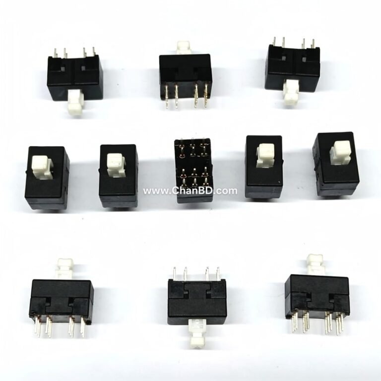 The 12-pin, 4-row, 8.5x8.5mm self-locking DPDT mini push button switch is a compact, mechanical switch typically used for PCB (Printed Circuit Board) mounting in electronics and DIY projects. It provides double-pole, double-throw (DPDT) switching across four parallel rows (3 pins per row) to control multiple circuits at once.