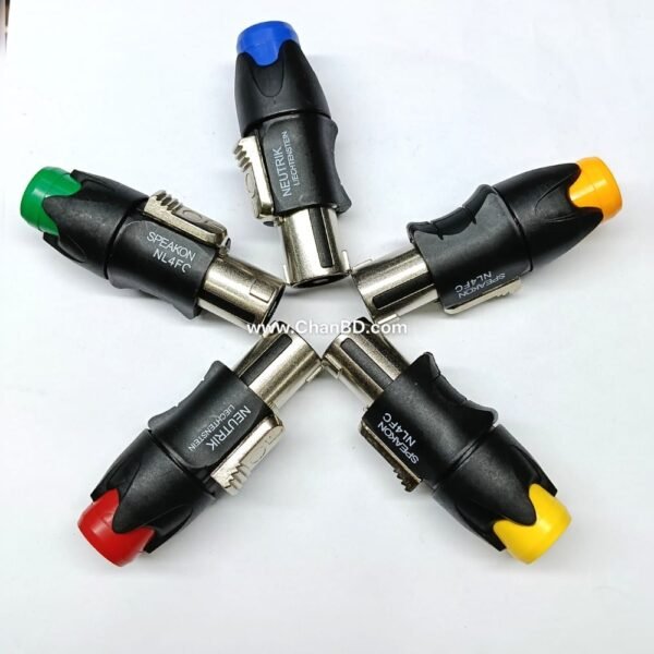 The Neutrik SpeakON NL4 is the industry-standard audio connector for high-power amplifiers and loudspeakers. It is designed for high-current environments. It uses a secure twist-lock system that prevents accidental disconnections and electric shocks.