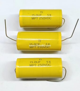 A 15.0 µF 250V non-polar axial capacitor is a specialized passive component featuring dual-end parallel leads, bidirectional installation, and robust high-voltage handling.