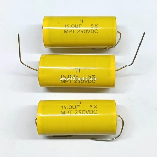 A 15.0 µF 250V non-polar axial capacitor is a specialized passive component featuring dual-end parallel leads, bidirectional installation, and robust high-voltage handling.