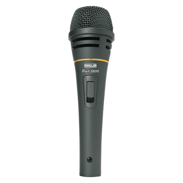 The Ahuja PRO+3200 is a professional supercardioid dynamic microphone built for live vocals, musical instruments, and studio broadcasting. It features a double shock-mount system for low handling noise and a noiseless switch.