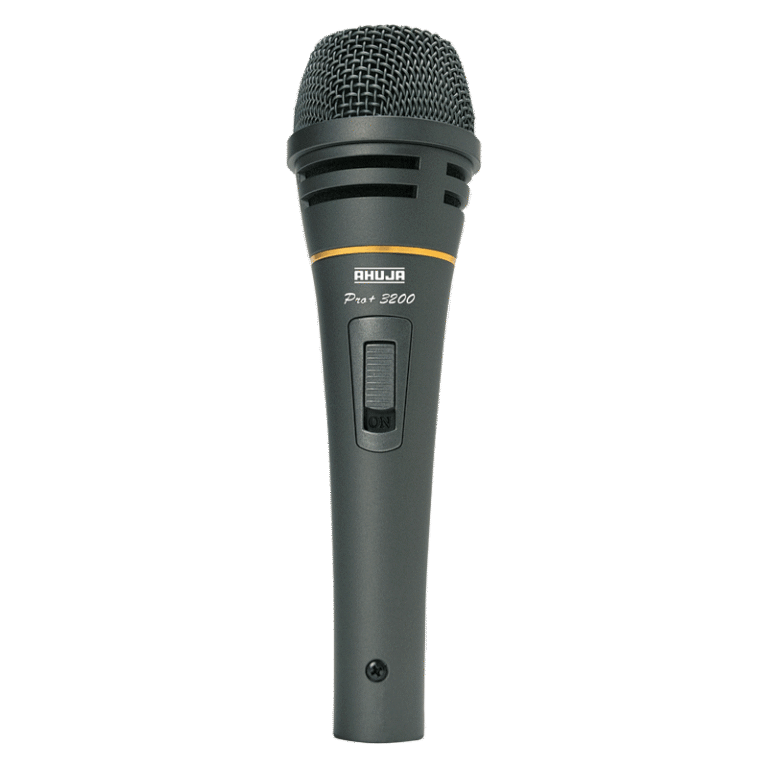The Ahuja PRO+3200 is a professional supercardioid dynamic microphone built for live vocals, musical instruments, and studio broadcasting. It features a double shock-mount system for low handling noise and a noiseless switch.