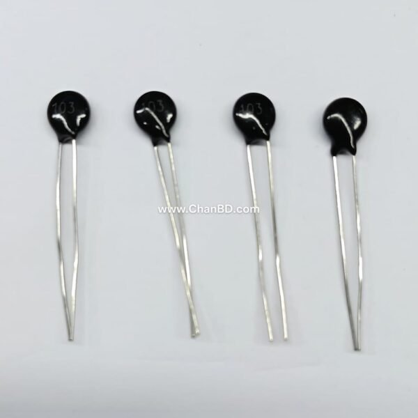 An NTC 103 thermistor is a negative temperature coefficient resistor with a nominal resistance of 10k Ohms at 25°C (where "10" is the base value and "3" represents three trailing zeros multiplier). Its electrical resistance goes down as the surrounding temperature goes up.