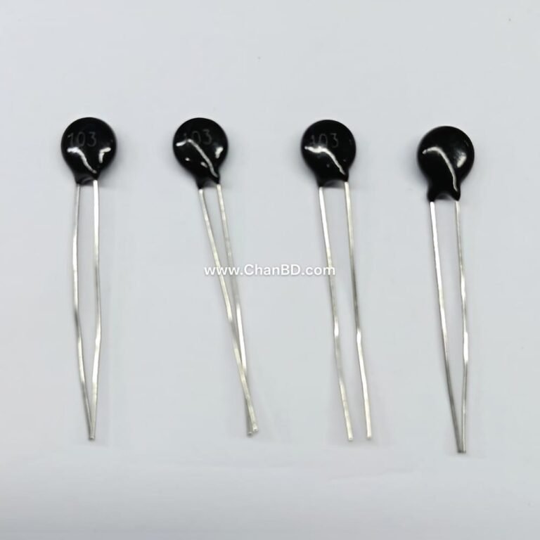 An NTC 103 thermistor is a negative temperature coefficient resistor with a nominal resistance of 10k Ohms at 25°C (where "10" is the base value and "3" represents three trailing zeros multiplier). Its electrical resistance goes down as the surrounding temperature goes up.