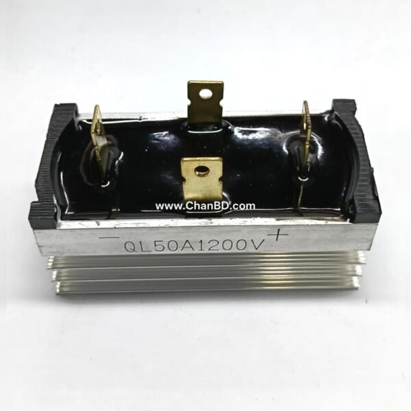 The QL50A 1200V is a single-phase diode bridge rectifier designed to convert alternating current (AC) into direct current (DC). It handles an output direct current of up to 50A and a repetitive peak reverse voltage rating of 1200V, packaged in a metal aluminum case for thermal dissipation.
