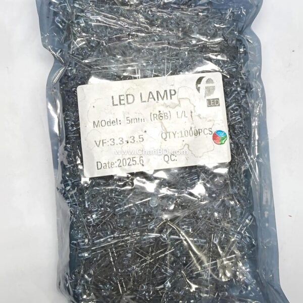 A 5mm 2-pin crystal (clear) RGB LED is a self-blinking diode that automatically cycles through red, green, and blue colors when powered with direct current.