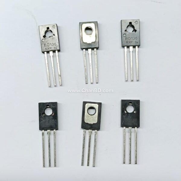 The BD136 is a medium-power PNP bipolar junction transistor housed in a plastic TO-126 package. It handles a continuous collector current up to 1.5A, a collector-emitter voltage up to -45V, and is widely used for audio frequency amplification and complementary medium-power switching circuits.