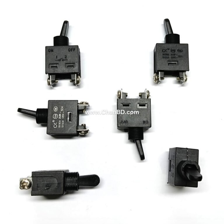 A standard grinder machine (such as a 4-inch angle grinder) toggle switch commonly uses model FA2-4/1W. It is rated for 4A to 6A at 250V, features an ON/OFF position type with 2 contact screws, and measures roughly 2.2 x 1.3 x 1.9 cm. It controls the power flow and is operated by sliding or turning a small plastic knob.