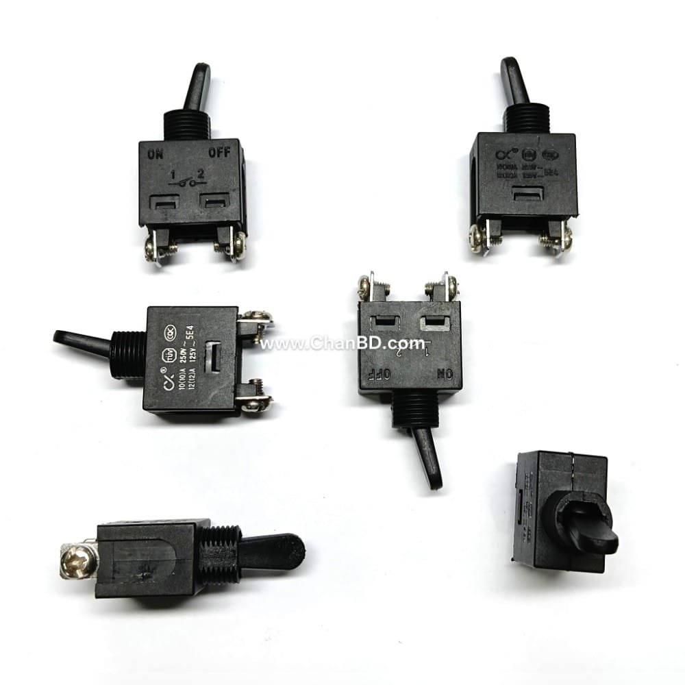 Grander-Switch-- Grander-machine-Toggle-Switch-2pin-Code-79689534 A standard grinder machine (such as a 4-inch angle grinder) toggle switch commonly uses model FA2-4/1W. It is rated for 4A to 6A at 250V, features an ON/OFF position type with 2 contact screws, and measures roughly 2.2 x 1.3 x 1.9 cm. It controls the power flow and is operated by sliding or turning a small plastic knob.