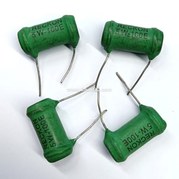 A 5W 100E green resistor is a 5-watt, 100-ohm (100E / 100R) high-power wirewound resistor, usually featuring a flame-retardant silicone or ceramic coating colored green. It safely handles high currents in power supplies, audio amplifiers, and motor control circuits.