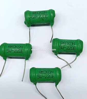 A 5W 220E (220-ohm, 5-watt) green-coated or cement-sealed power resistor—frequently manufactured by Indian component brands like Stead or Reckon—is an axial through-hole wirewound resistor designed for high heat dissipation and current-limiting in power circuits.