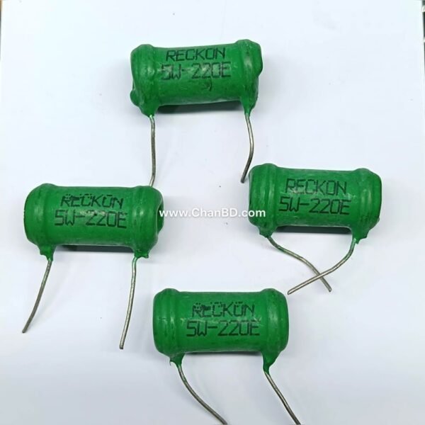 A 5W 220E (220-ohm, 5-watt) green-coated or cement-sealed power resistor—frequently manufactured by Indian component brands like Stead or Reckon—is an axial through-hole wirewound resistor designed for high heat dissipation and current-limiting in power circuits.