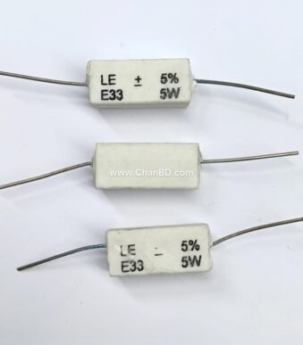 An E33 5W Indian cement resistor represents a 0.33-ohm, 5-watt wirewound power component packaged in a ceramic block. In component coding, the leading "E" or "E33" denotes a fractional value of 0.33 Ω (as opposed to 33 ohms, which would be written as 33E). Indian-manufactured variants are widely utilized in local power amplifier outputs and audio board power stages.