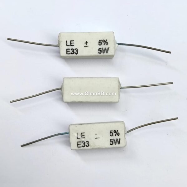 An E33 5W Indian cement resistor represents a 0.33-ohm, 5-watt wirewound power component packaged in a ceramic block. In component coding, the leading "E" or "E33" denotes a fractional value of 0.33 Ω (as opposed to 33 ohms, which would be written as 33E). Indian-manufactured variants are widely utilized in local power amplifier outputs and audio board power stages.