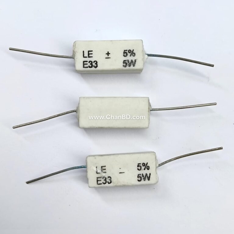 An E33 5W Indian cement resistor represents a 0.33-ohm, 5-watt wirewound power component packaged in a ceramic block. In component coding, the leading "E" or "E33" denotes a fractional value of 0.33 Ω (as opposed to 33 ohms, which would be written as 33E). Indian-manufactured variants are widely utilized in local power amplifier outputs and audio board power stages.