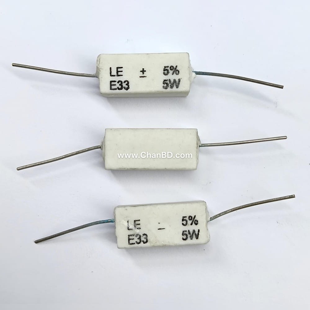 Indian-5wE33-Ceramic-Resistor-Code-61422933 An E33 5W Indian cement resistor represents a 0.33-ohm, 5-watt wirewound power component packaged in a ceramic block. In component coding, the leading "E" or "E33" denotes a fractional value of 0.33 Ω (as opposed to 33 ohms, which would be written as 33E). Indian-manufactured variants are widely utilized in local power amplifier outputs and audio board power stages.