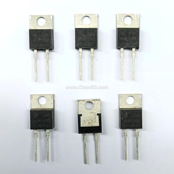 The MUR1560 is an ultrafast recovery power rectifier diode handling up to 15 Amperes of forward current and 600 Volts of reverse voltage. It features a fast reverse recovery time of 35 to 60 ns and comes in a standard TO-220AC plastic package.
