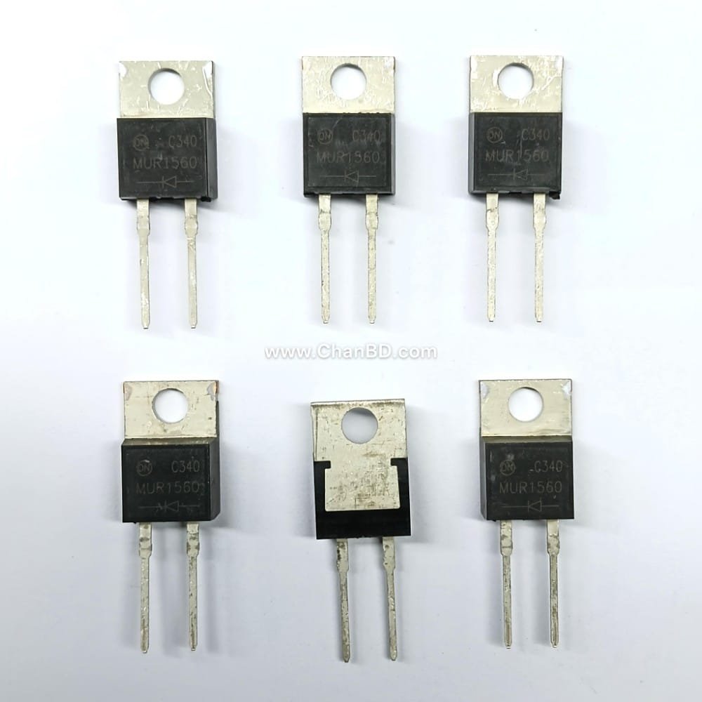 MUR1560G-(ON)-Transistor-to-220-2leg-Code-07731434 The MUR1560 is an ultrafast recovery power rectifier diode handling up to 15 Amperes of forward current and 600 Volts of reverse voltage. It features a fast reverse recovery time of 35 to 60 ns and comes in a standard TO-220AC plastic package.