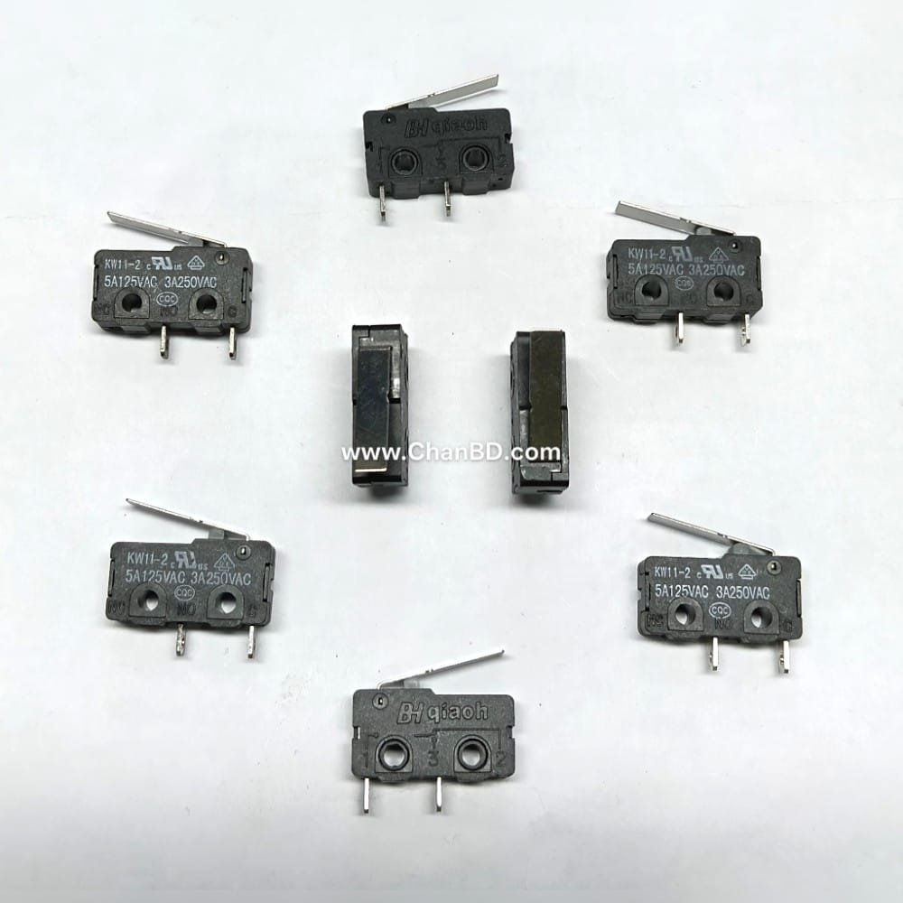 Micro-Limit-switch-KW11-2-With-Flat-lever-Code-37012625 The KW11-2 is a compact snap-action micro/limit switch typically rated at 5A 125V/250VAC (though some variants reach 10A). It features a momentary hinge lever (approx. 16–17 mm long) and is available in 2-pin (SPST - NO or NC) or 3-pin (SPDT - COM, NO, NC) pin configurations for precise mechanical limit and safety detection.