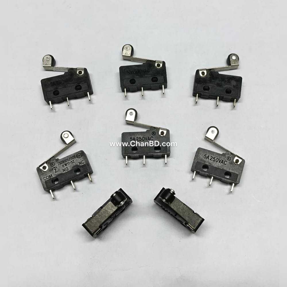 Micro-Limit-switch-KW11-3Z-With-wheel-lever-Code-20750769 The KW11-3Z is a compact 3-pin micro switch and limit switch featuring SPDT (Single Pole Double Throw) Normally Open (N/O) and Normally Closed (N/C) contacts. It is rated for 5A at 250VAC / 125VAC and is widely used for precision position sensing, 3D printers, CNC endstops, and small home appliances.